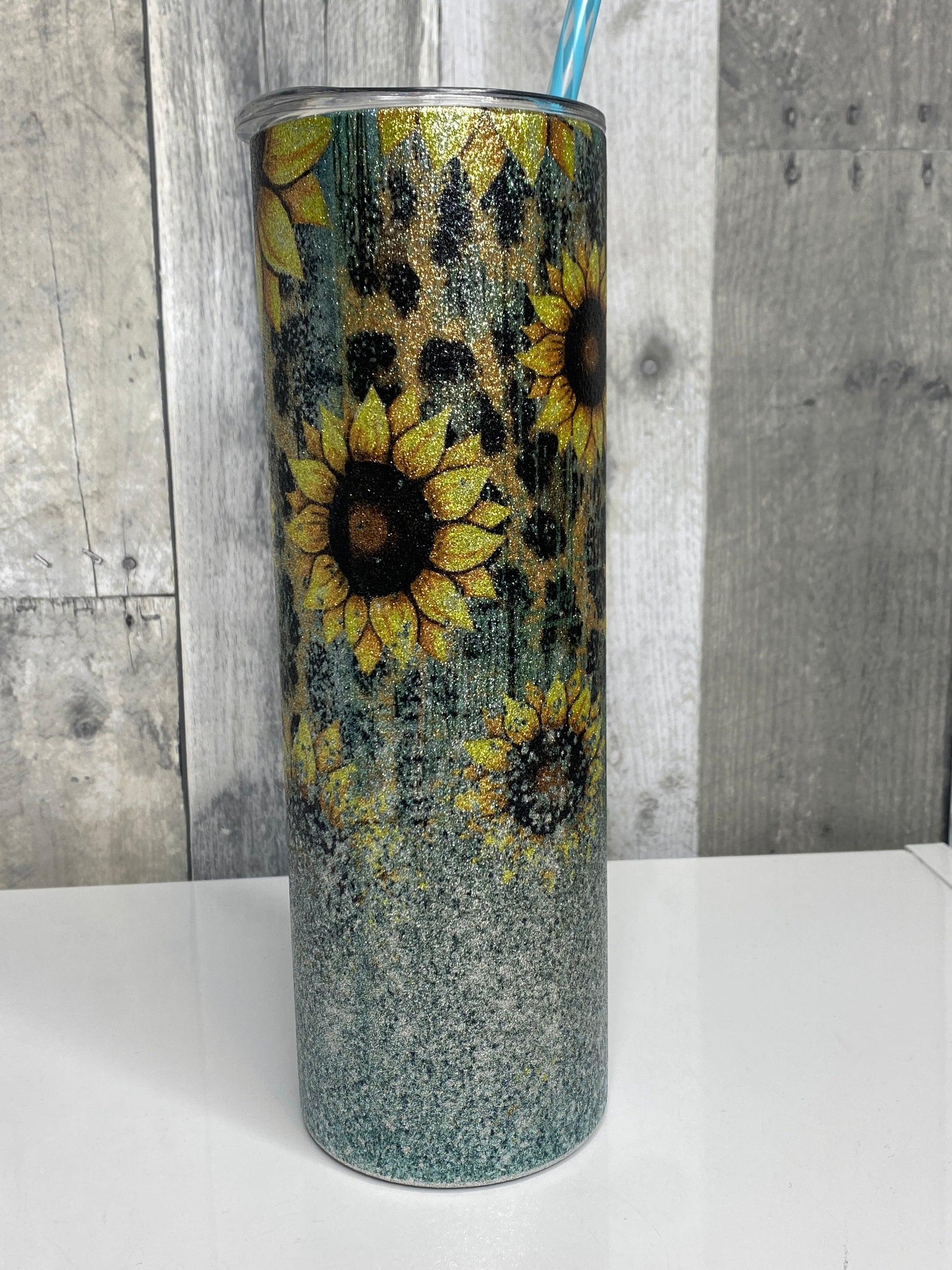 Aqua Glitter with Sunflowers and Leopard Print 30oz Tumbler - Binnie & Bopper Designs