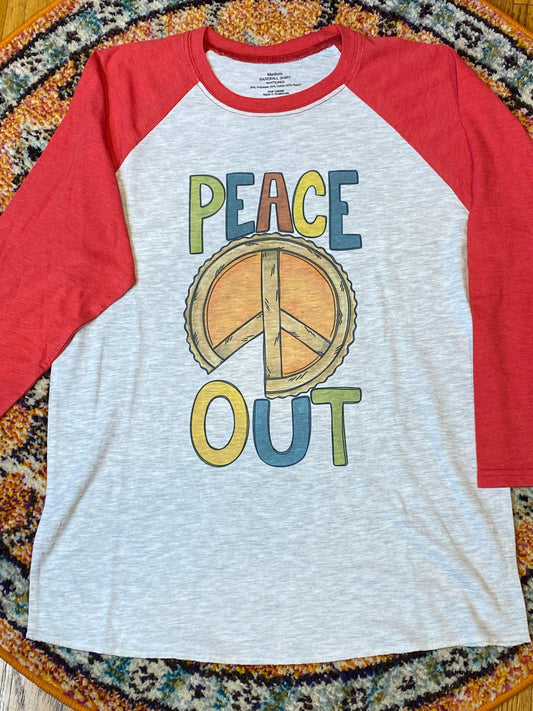 Peace Out, Peace Pie Raglan Shirt, Red - Binnie & Bopper Designs