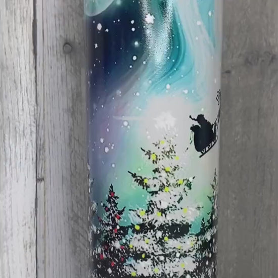 Northern Lights Santa's Sleigh, Glossy or Glow in the Dark, Glow Tumbler, Christmas Gifts, Insulated Travel Cup, Sublimation
