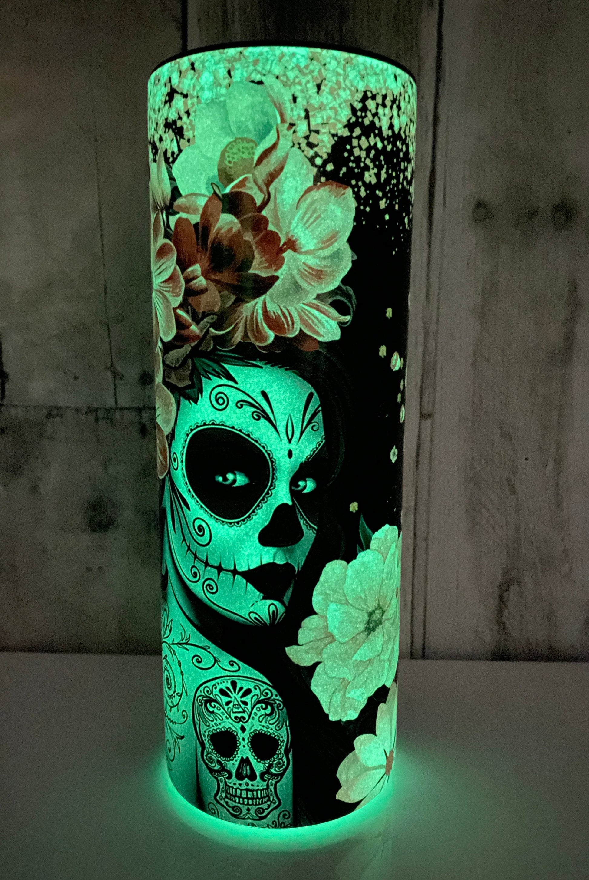 Glow in the Dark Sugar Skull Tumbler, Mexicana, Dios De Los Muertos Tumbler, - Binnie & Bopper Designs