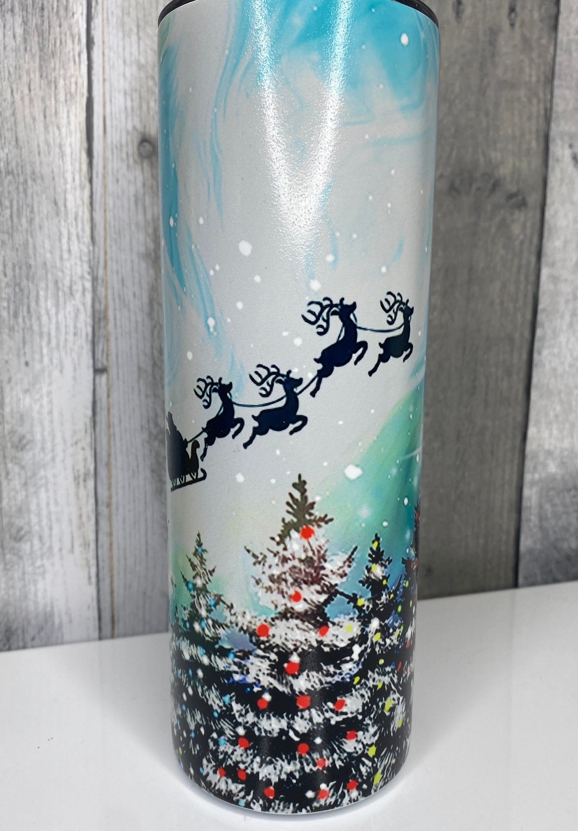 Northern Lights Santa's Sleigh, Glossy or Glow in the Dark, Glow Tumbler, Christmas Gifts, Insulated Travel Cup, Sublimation
