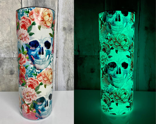 Glow in the Dark Floral Skull Tumbler, Peonies and Skulls. Dios De Los Muertos - Binnie & Bopper Designs