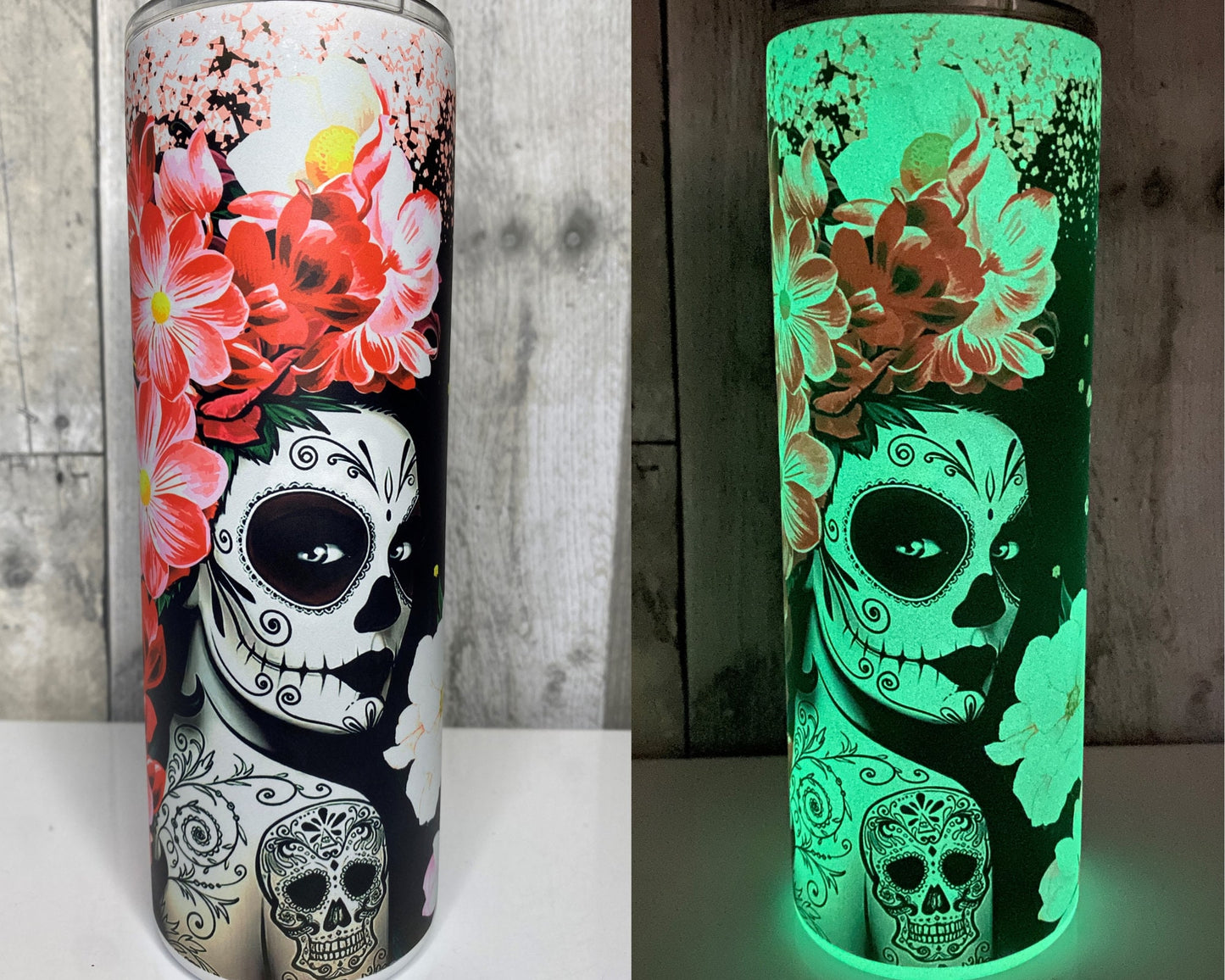 Glow in the Dark Sugar Skull Tumbler, Mexicana, Dios De Los Muertos Tumbler, - Binnie & Bopper Designs