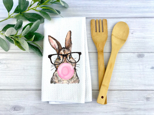 What's Poppin? Bunny with Bubble Gum Dish Towel - Binnie & Bopper Designs