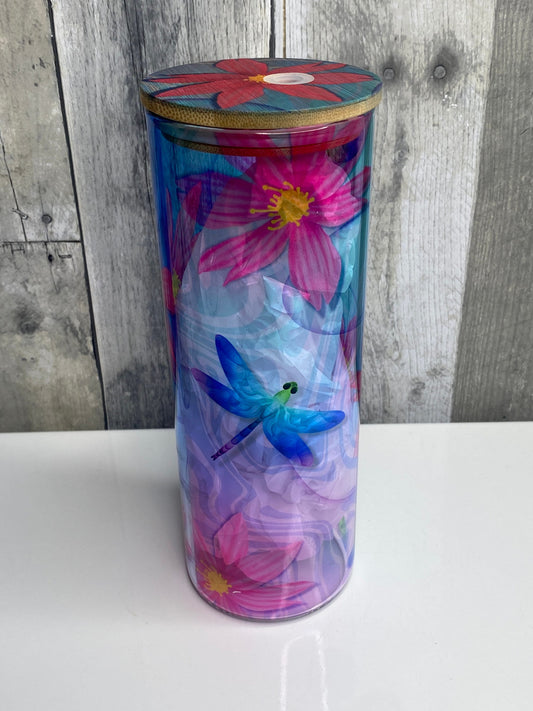 Dragonfly and Floral Print Glass Tumbler,  25oz Glass Tumbler - Binnie & Bopper Designs