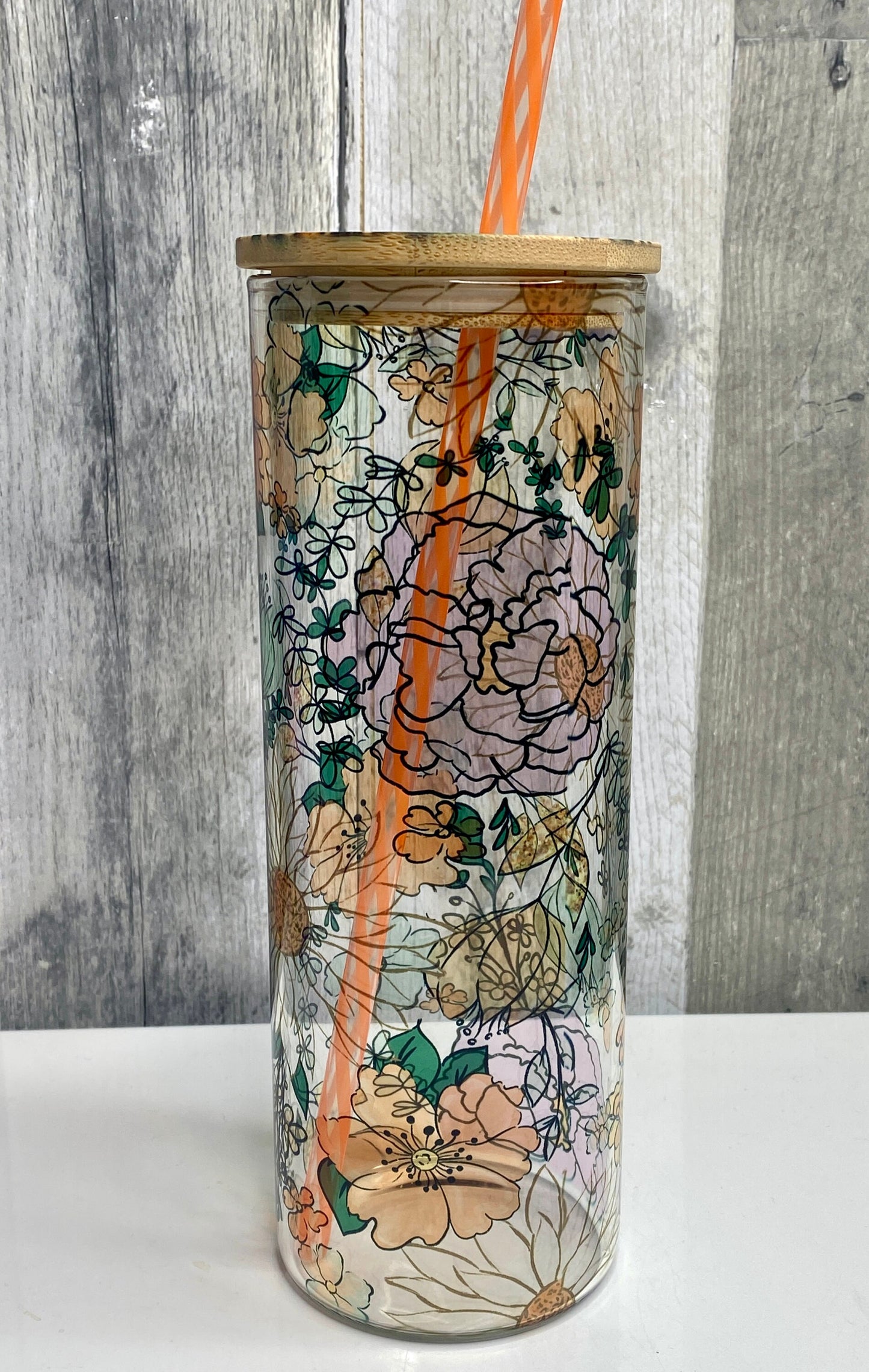 Floral Print Glass Tumbler,  25oz Glass Tumbler - Binnie & Bopper Designs